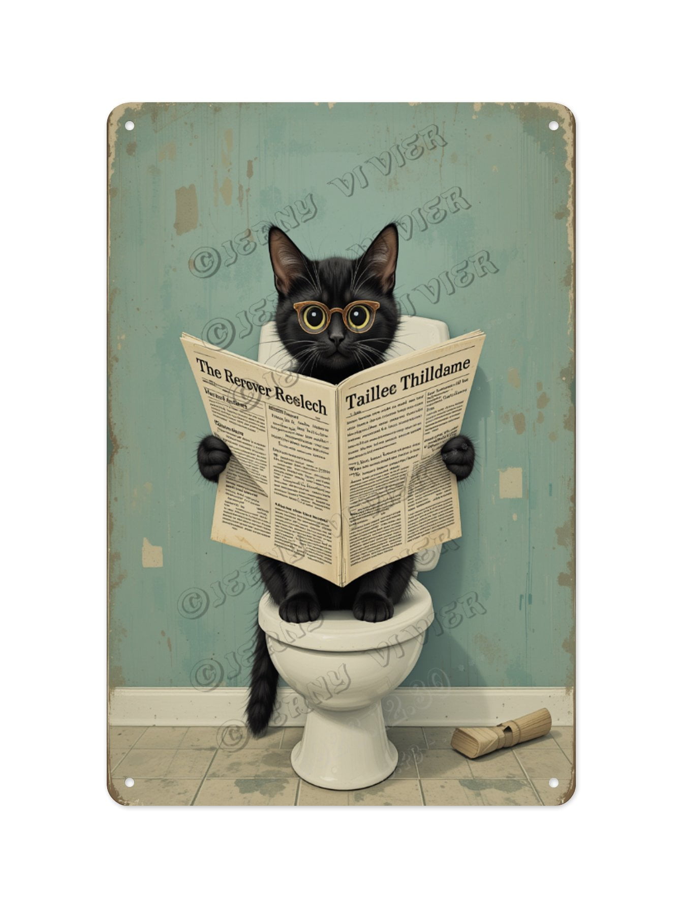 Retro Black Cat Reading Newspaper on the Toilet Aluminum Sign 12 x 16 ...