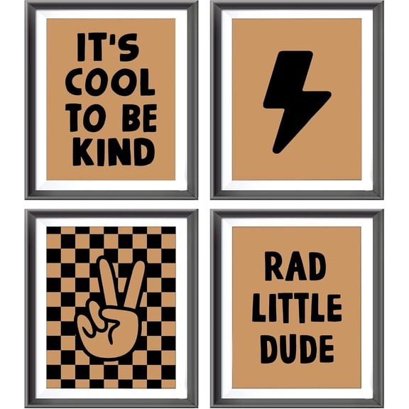 Retro Black Checkered Preppy Lightning Peace Hand Sign Poster Prints for Boy Teen Room Dorm Decor,Lake Blue Rad Little Dude Funny Decorations Prints Wall Art Unframed 4pcs,Teen Boys Gifts