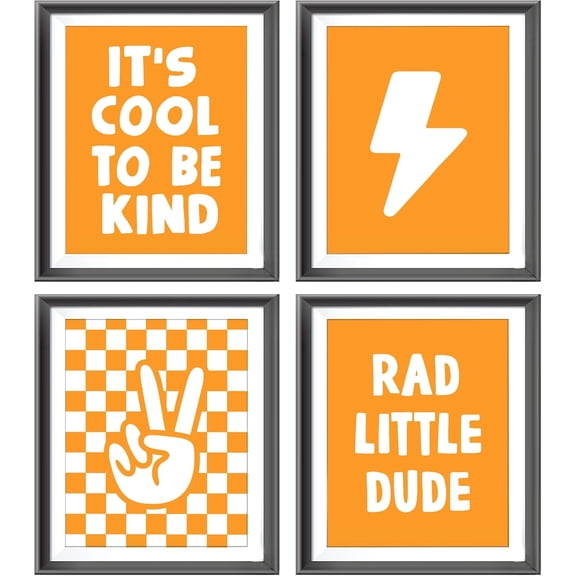 Retro Black Checkered Preppy Lightning Peace Hand Sign Poster Prints for Boy Teen Room Dorm Decor,Lake Blue Rad Little Dude Funny Decorations Prints Wall Art Unframed 4pcs,Teen Boys Gifts