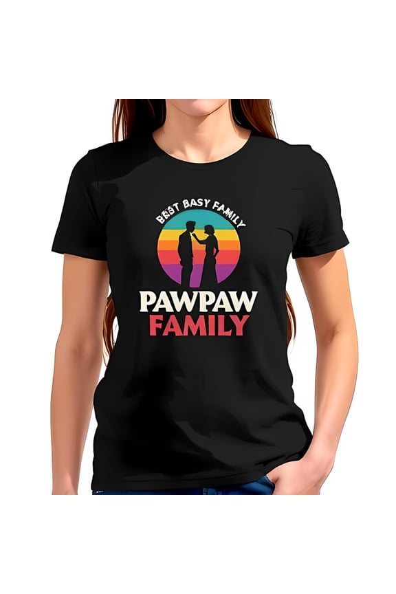 Retro Black Cotton Short Sleeve T-Shirt - " Best Basy Family " with Sunset & " Pawpaw Family " Graphic - Vintage 70s 80s Style