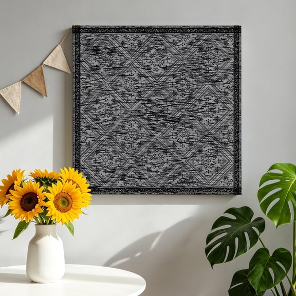 Retro Black Geometric Canvas Wall Art, Abstract Old Flower Pattern Stained Framed Canvas Wall Decor Picture Print Artwork Decorations for Living Room Office Ready to Hang 10" x 10"