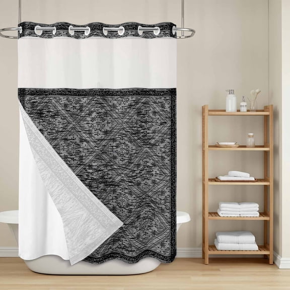Retro Black Geometric No Hook Shower Curtain with Snap in Liner, Abstract Old Flower Pattern Stained Waterproof Shower Curtains with See Through Top Window Liner for Bathroom, 60x72 Inches