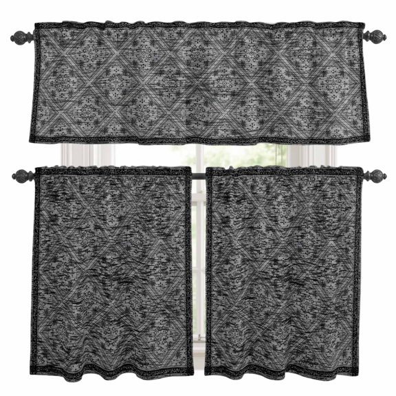 Retro Black Geometric Kitchen Curtains Valances and Tiers Set of 3 Abstract Old Flower Pattern Stained Tier Curtains and Valance with Rod Pocket for Small Windows, 27.5"x24"