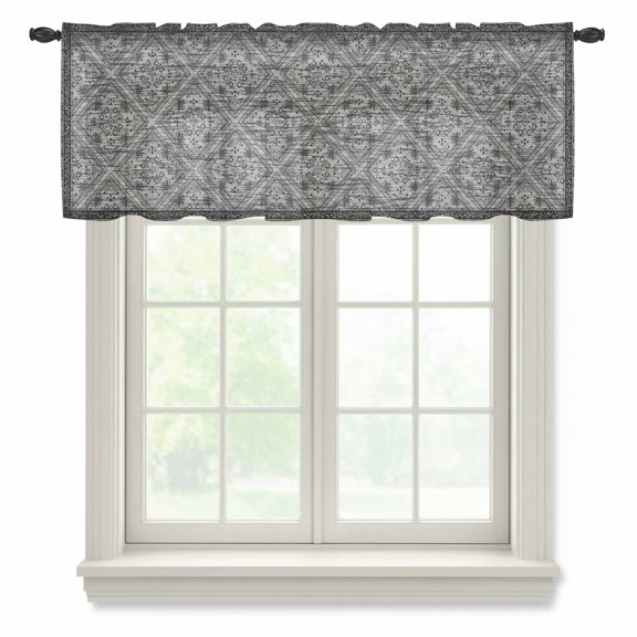 Retro Black Geometric Sheer Valances for Windows, Abstract Old Flower Pattern Stained Semi Sheer Kitchen Valance Rod Pocket Small Voile Window Curtains for Living Room Bedroom 42 x 18 Inch