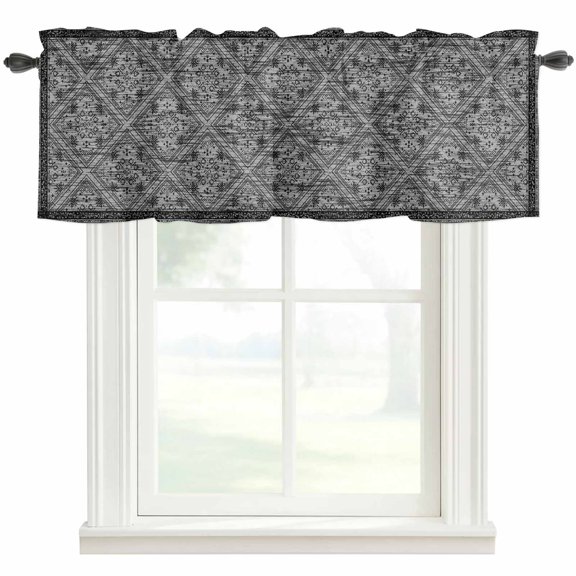 Retro Black Geometric Valances for Windows Abstract Old Flower Pattern Stained Rod Pocket Curtain Valance Window Treatment Short Curtains for Kitchen Living Room, 42"x18"