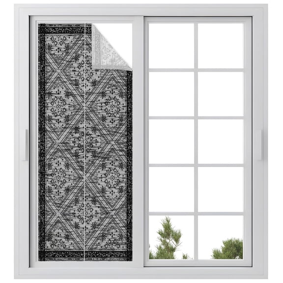Retro Black Geometric Window Privacy Film, Abstract Old Flower Pattern Stained Frosted Glass Window Clings Static Cling UV Heat Blocking Reusable Door Sticker for Bathroom 23.6 x 59 Inch