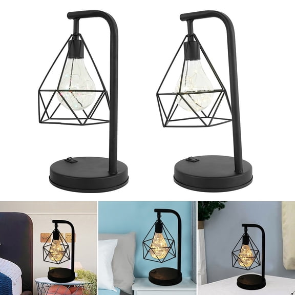 Retro Black Geometric Wire Industrial LED Light Bulb Bed Side Battery Table Lamp