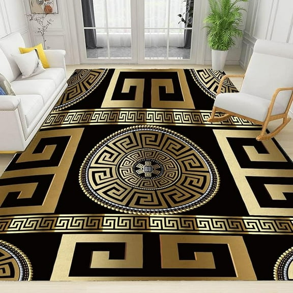 Retro Black Gold Greek Key Meander Area Rugs, 3D Geometric Gold Print Decor Rug, Soft Washable Breathable Durable Carpet For Bedroom Living Room Office Basement 5 x 6ft