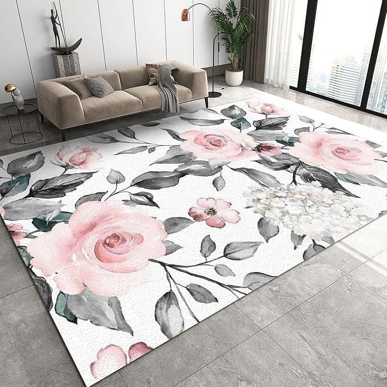 Retro Black And Gray Hand-Painted Roses Area Rug, Pastoral Pink Floral ...