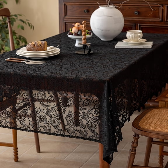 Retro Black Lace Phoenix Tail Tablecloth Classic Restaurant And Farmhouse with Intricate Floral Patterns. High Quality And Gorgeous Lace Weave Durable