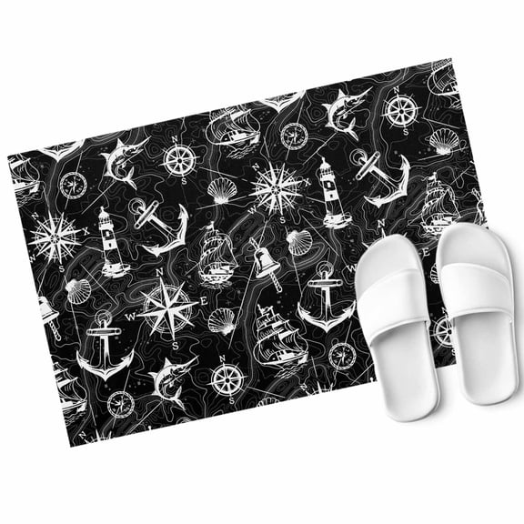 Retro Black Map Door Mat Abstract Sailing Boat White Line Non Slip Absorbent Entrance Mat Washable Low Profile Indoor Doormat for Front Door Entryway Entry 16"x24"