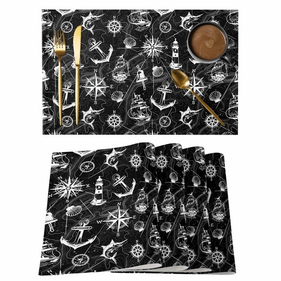 Retro Black Map Placemats Set of 4 Abstract Sailing Boat White Line Heat Insulation Washable Place Mats, Non-Slip Table Mats for Dining Table Party Kitchen Decor,13x19 Inch