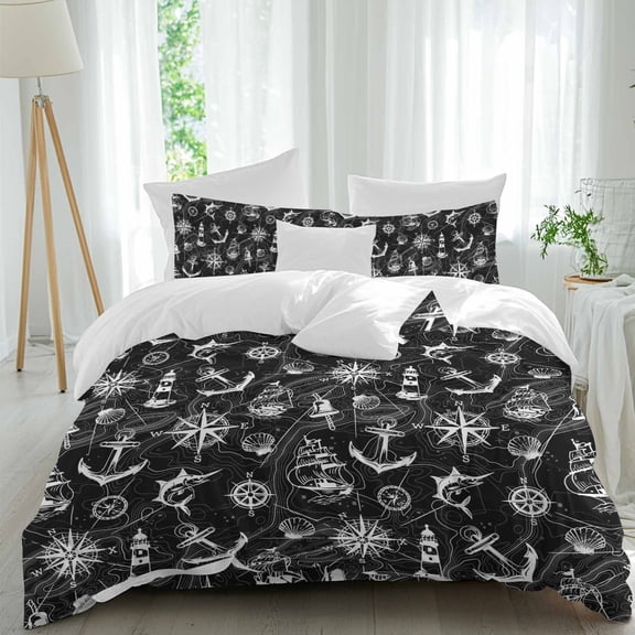 Retro Black Map Queen Size Comforter Set, Abstract Sailing Boat White Line Bedding for All Seasons, 4 Pcs Bed Set, 1Quiltcover (90"x92") ,1Sheet(94"x116"), 2Pillowcases (30"x20")