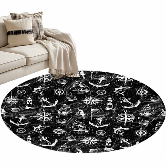 Retro Black Map Round Area&nbsp;Rug 3ft Abstract Sailing Boat White Line Non-Slip&nbsp;Washable Circle Rugs Soft Felt Indoor Floor Mat for Bedroom Kitchen Living Room Bathroom