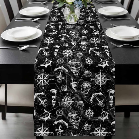 Retro Black Map Table Runner, Abstract Sailing Boat White Line Washable Cotton-linen Table Runners Dining Kitchen Decoration for Everyday Home Wedding Party Decor, 13 x 36 Inch
