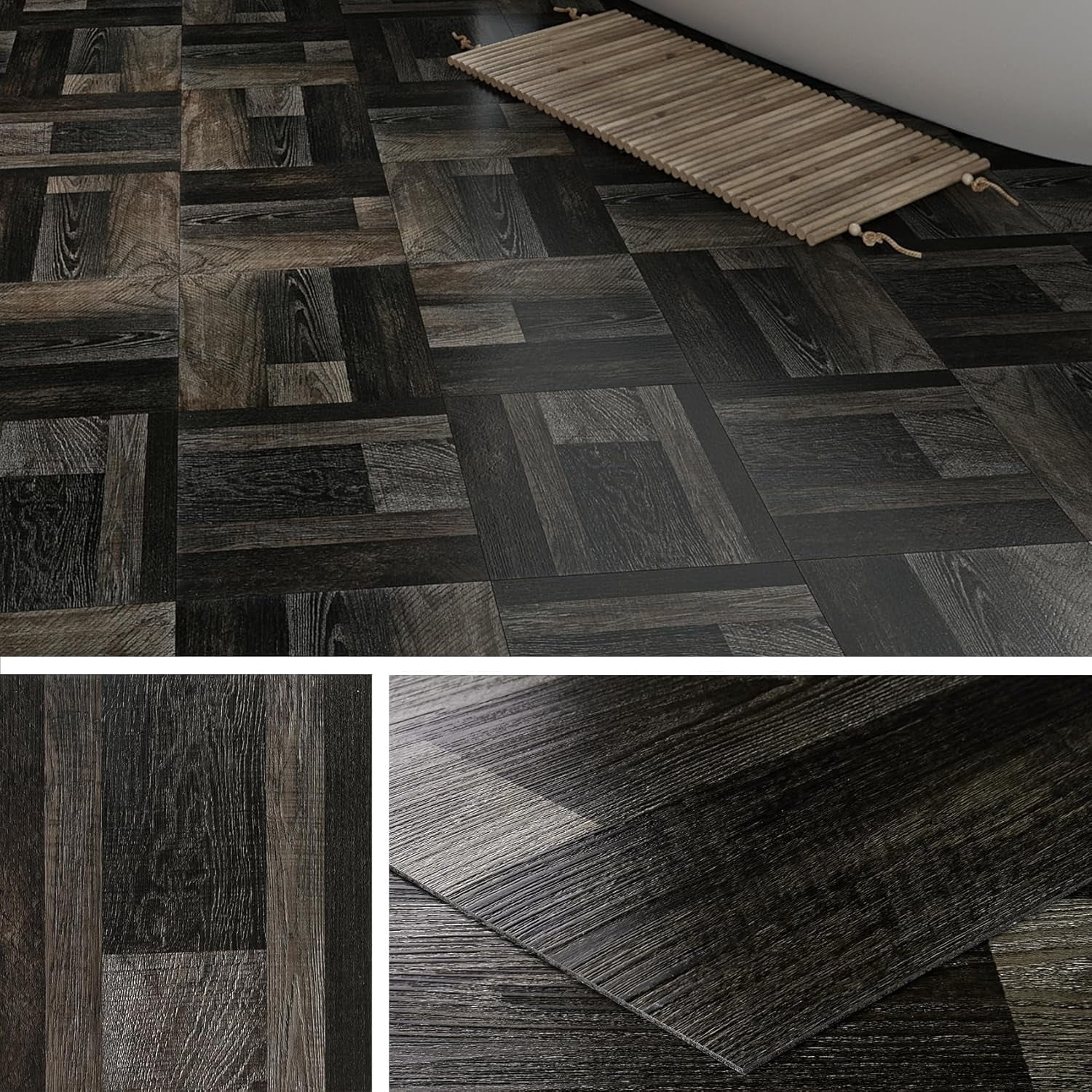 Retro Black Peel and Stick Floor Tile 12x12 4-Tiles Luxury Vinyl Plank Flooring Waterproof Kitchen Floor Tiles Self Adhesive Laminate Square Vinyl Sheet Flooring PVC Natural Black Walnut