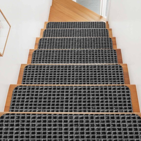 Retro Black Plaid Stair Treads Non Slip for Steps Mesh Texture Walls 4 Pcs Reusable Adhesive Stair Runner Mats for Dogs Elders Carpet Treads Rugs for Staircase 8x30 In