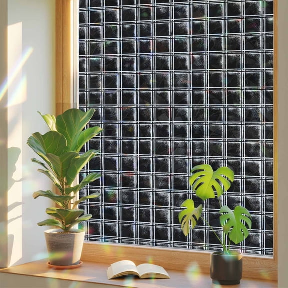 Retro Black Plaid Window Privacy Film, Mesh Texture Walls Stained Glass Rainbow Film Decorative Window Clings, Static Cling Sun Blocking Stickers 17.7" x 39.3"