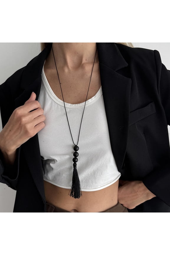 Retro Black Resin Tassel Pendant Necklace Adjustable Long Rope Chain Irregular Simple Design Trendy Jewelry Accessory for Women