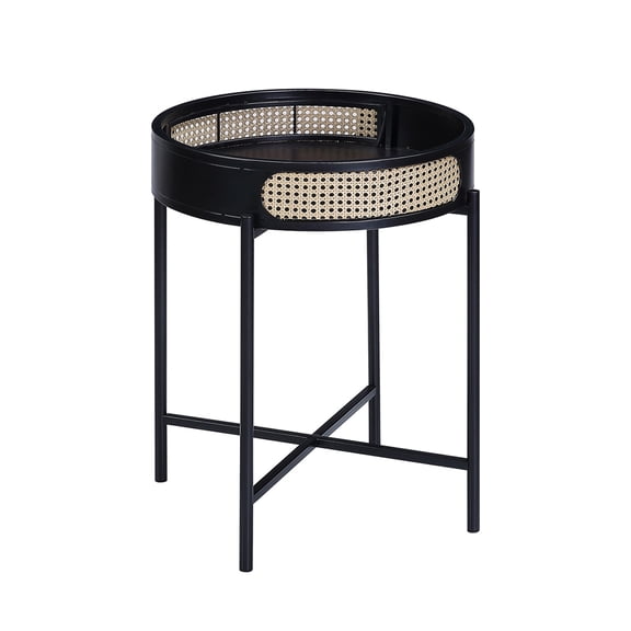 Retro Black Round End Table | Wood-Look MDF & Melamine Top with PVC Rattan Insert | Sturdy Metal Legs | 22" Dia x 24" H | Open Storage for Living Room, Bedroom, Entryway