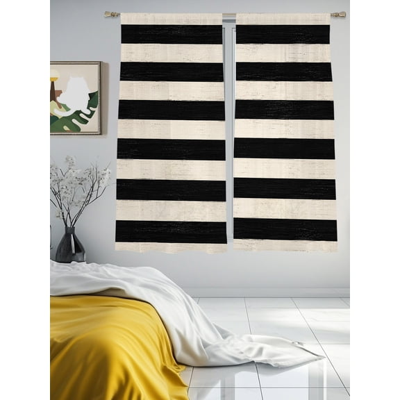 Retro Black Striped Pattern Chiffon Sheer Curtains 63 Inches Long Horizontal Stripe Rod Pocket Window Curtains Voile Drapes Curtains for Living Room Bedroom,2 Panels