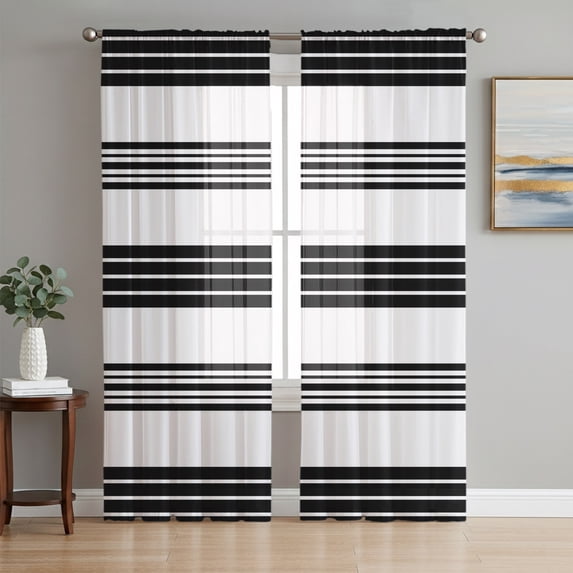 Retro Black Stripes Sheer Curtains 84 Inch Length 2 Panels Set, Modern Minimalist Lines Texture Voile Window Treatment Rod Pocket Curtains Sheers Drapes for Bedroom/Living Room/Kitchen 52"x84"x2