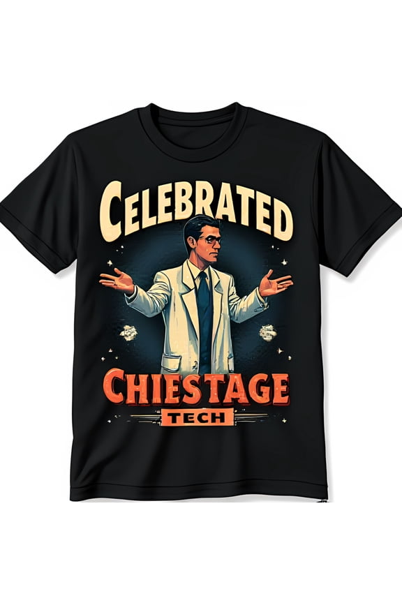 Retro Black T-Shirt Featuring Celebrated Scientist in Lab Coat with Stars Chiesstage Tech Design