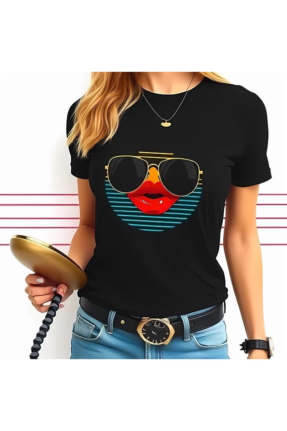 Retro Black T-Shirt Vibrant Red Lip Graphic & Gold-Rimmed