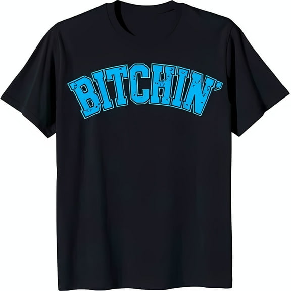 Retro Black T-Shirt with 'BITCHIN' Graphic in Arch Shape Crew Neck Style