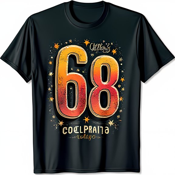 Retro Black T-Shirt with Bold 68 Graphic & Colorful Star Design Men s Neck