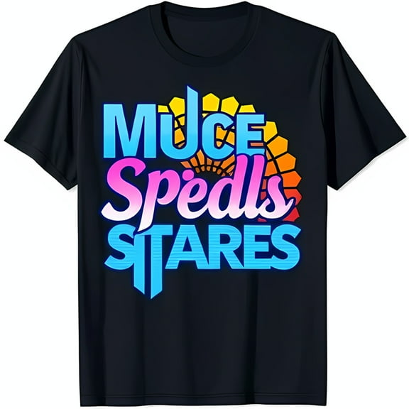 Retro Black T-Shirt with Bold 'MUCE Spieds STARES' Graphic Colorful Design