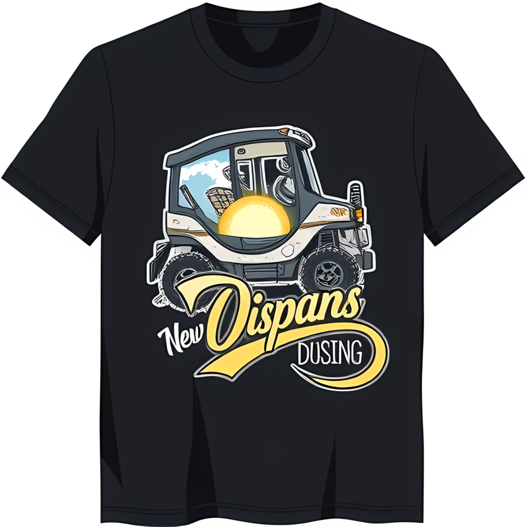 Retro Black TShirt with Bold White Vehicle Design & 'New Dispans