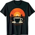 thumbnail image 1 of Retro Black T-Shirt with Coffee Cup Graphic & Sunset Tree Design, 1 of 5