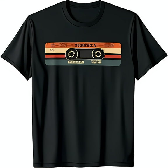 Retro Black T-Shirt with Colorful Cassette Tape Graphic SLUDGEFCA Design