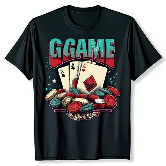 Retro Black T-Shirt with Colorful 'GGAME' Graphic & Playing Cards Design
