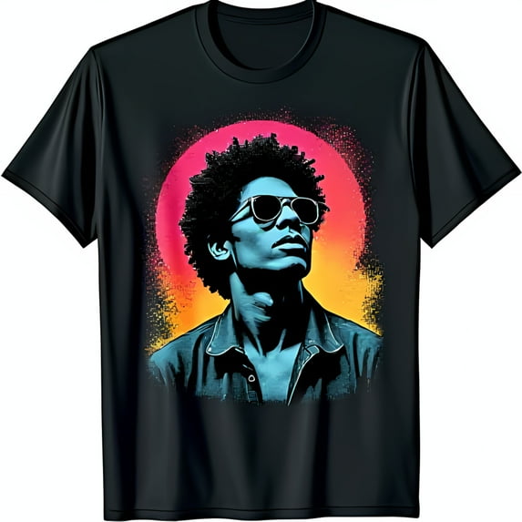 Retro Black T-Shirt with Colorful Graphic of Confident Man in Sunglasses