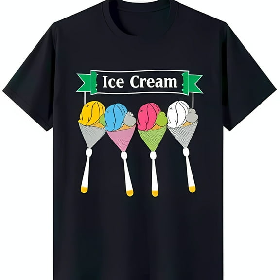 Retro Black T-Shirt with Colorful Ice Cream Design & 'Ice Cream' Banner
