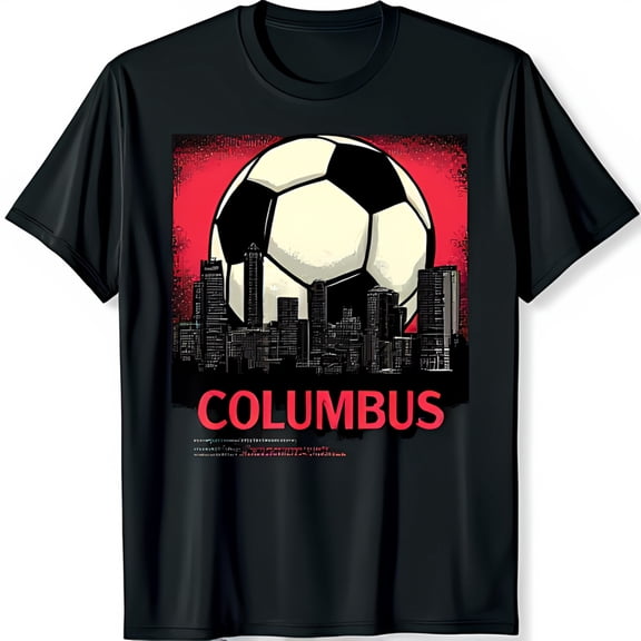 Retro Black T-Shirt with Columbus & Soccer Ball Graphic Bold Red Design