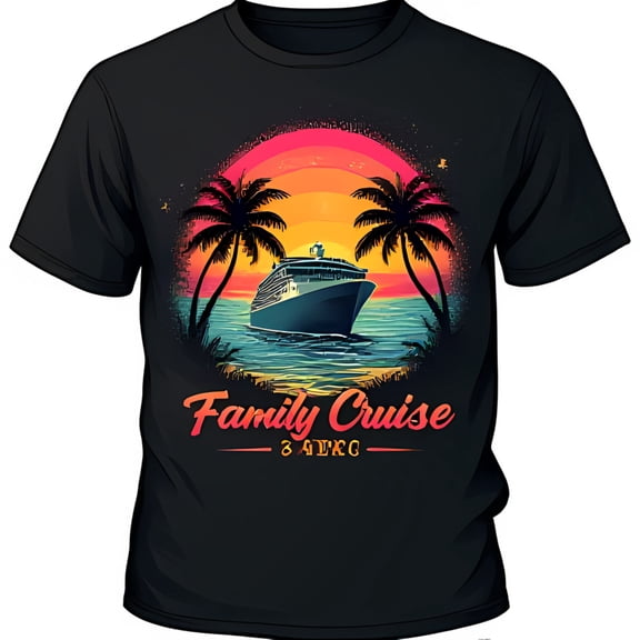 Retro Black T-Shirt with Cruise Ship Sunset Design Family Cruise 2023