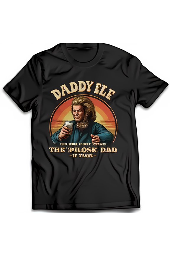 Retro Black T-Shirt with Daddy Graphic Long Haired Dad Holding Drink