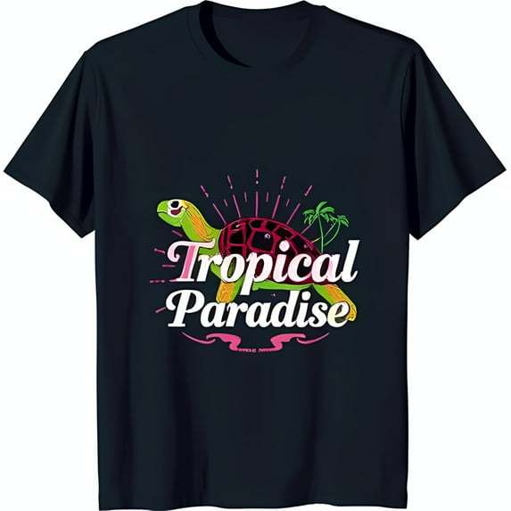 Retro Black T-Shirt with Design & Trees 'Tropical Paradise' Graphic Tee