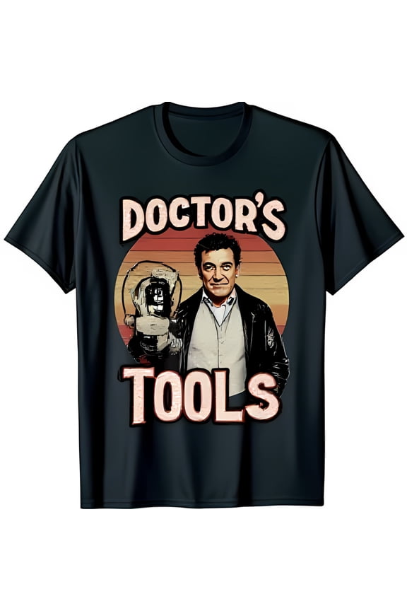Retro Black T-Shirt with Doctor s Tools Graphic Futuristic Design