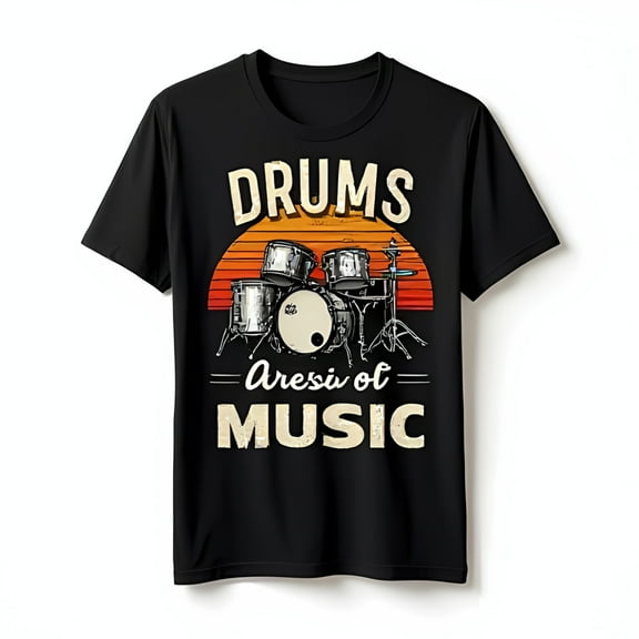 Retro Black T-Shirt with Drum Set Graphic & DRUMS Are the Heart of MUSIC Design