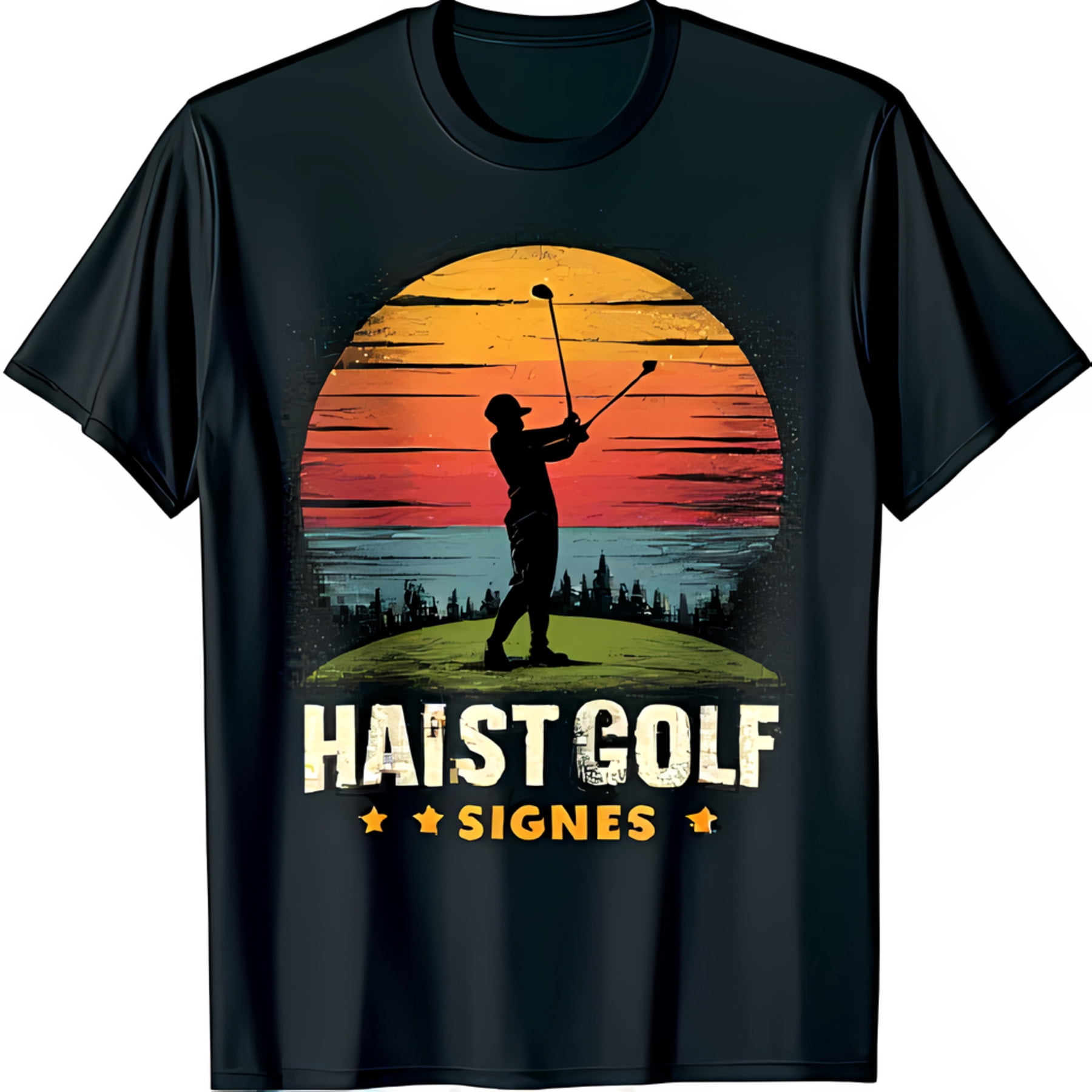 Retro Black T Shirt With Golfer And Sunset Graphic For Golf Lovers retro-black-t-shirt-with-golfer-and-sunset-graphic-for-golf-lovers