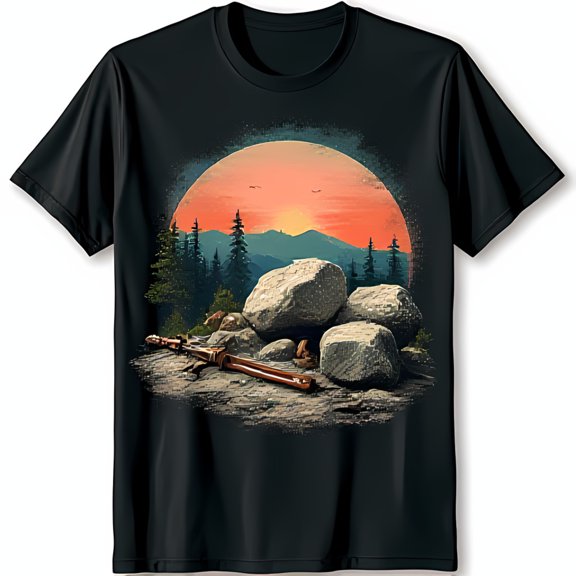 Retro Black T-Shirt with Graphic of Broken and Sunset Mountain Scene