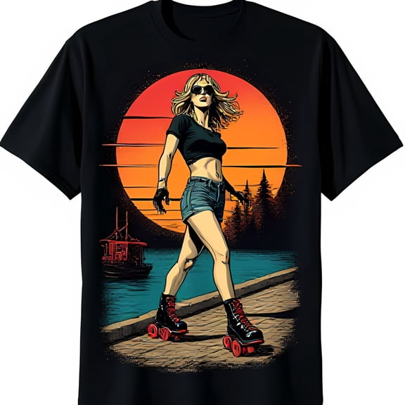 Retro Black T-Shirt with Graphic of Woman at Sunset