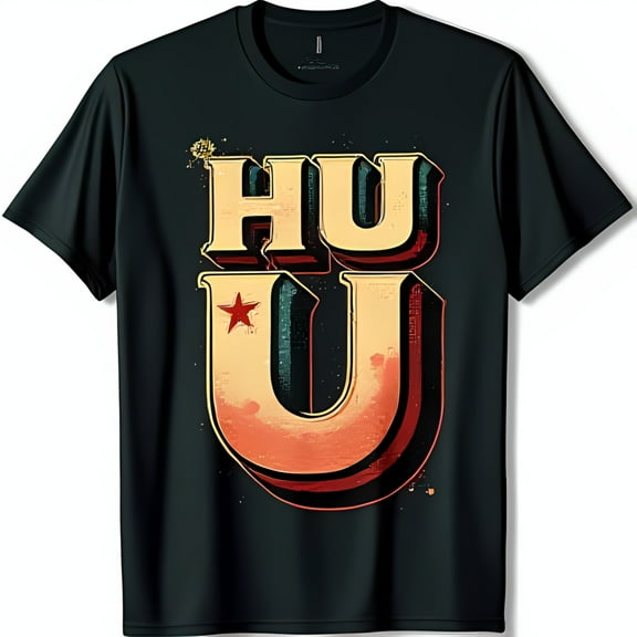 Retro Black T-Shirt with HU U Graphic and Red Star Vintage Style