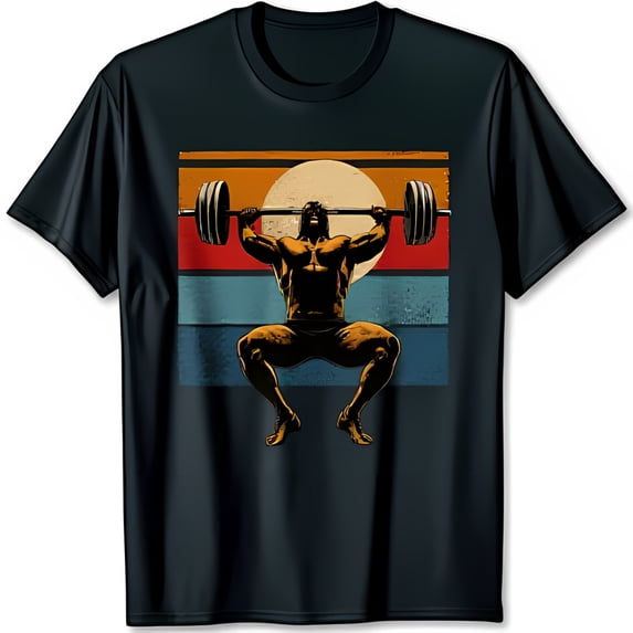 Retro Black T-Shirt with Muscular Man Lifting Barbell Graphic Vintage Sunset Design