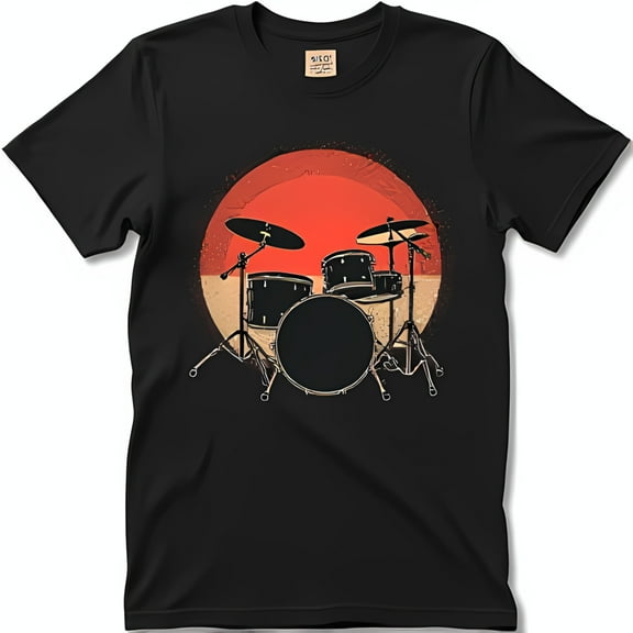 Retro Black T-Shirt with Pixelated Drum Set and Graphic Design