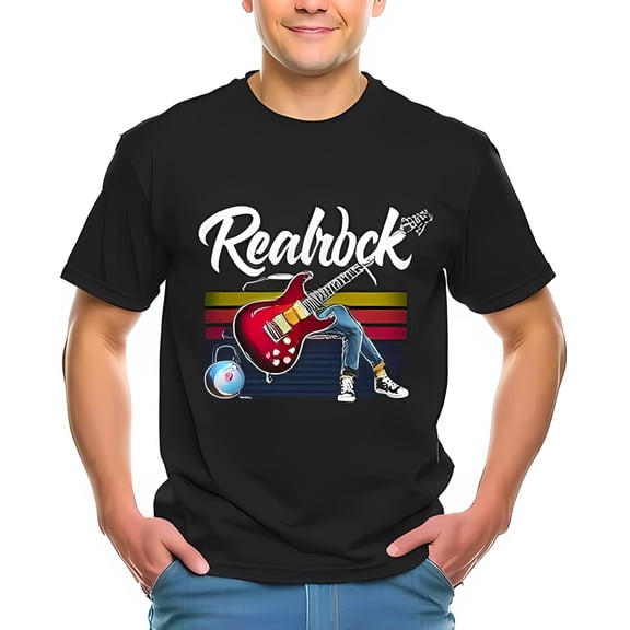 Retro Black T-Shirt with Red Electric Guitar Graphic and 'Realrock' Text Tee for Music Lovers